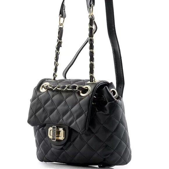 Badgley Mischka ✦ Quilted Vegan Leather Backpack ✦ Black Chain Strap Turn-Lock - Picture 2 of 8